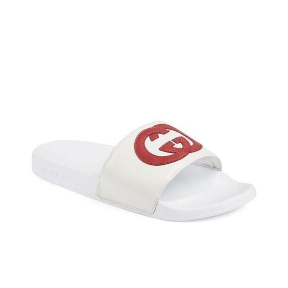 Gucci Pursuit Interlocking GG Logo 39/ 9 White Red Slip On Slide Women NIB $420 - Picture 2 of 7